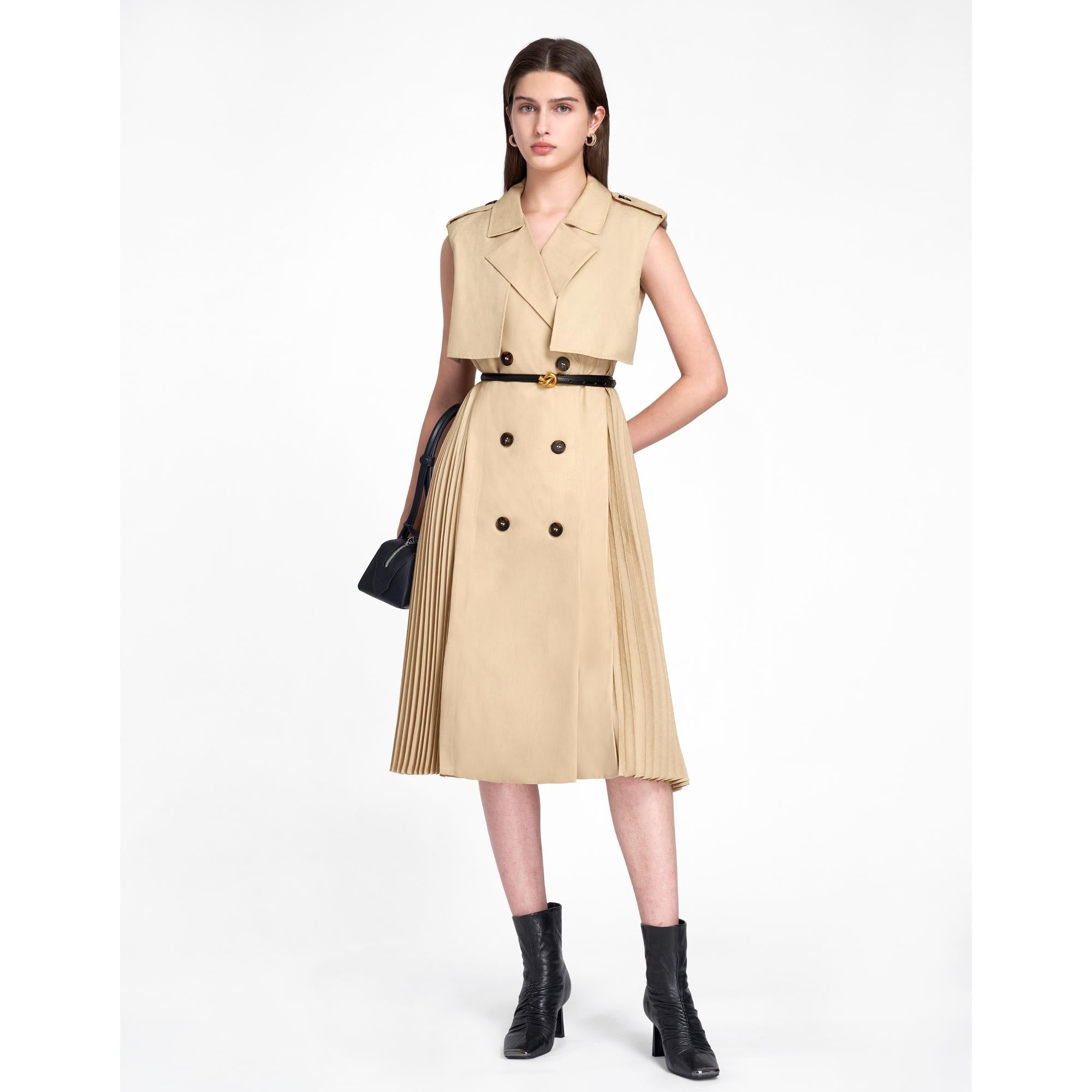 Pleated Side Midi Suit Dress - Khaki
