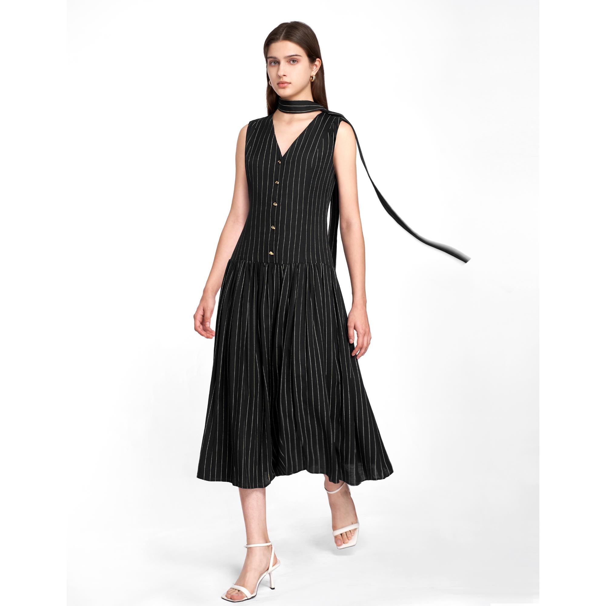 Linen-blend Stripe Sleeveless Dress - Black