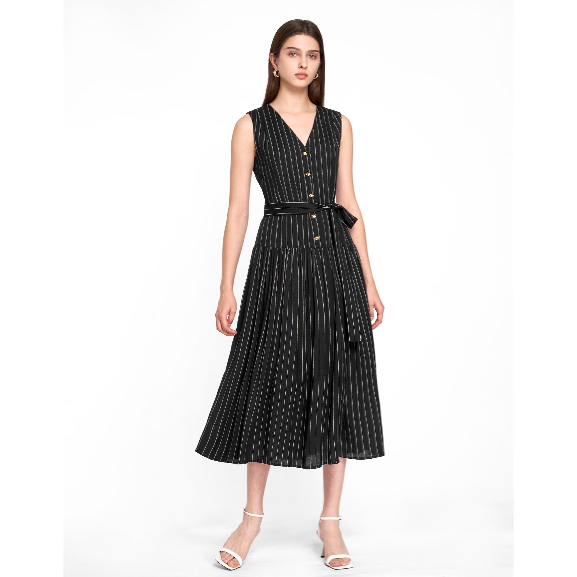 Linen-blend Stripe Sleeveless Dress - Black