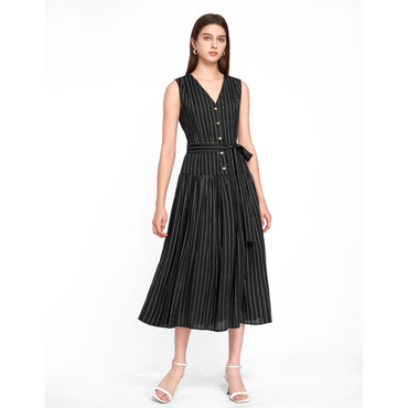 Linen-blend Stripe Sleeveless Dress - Black