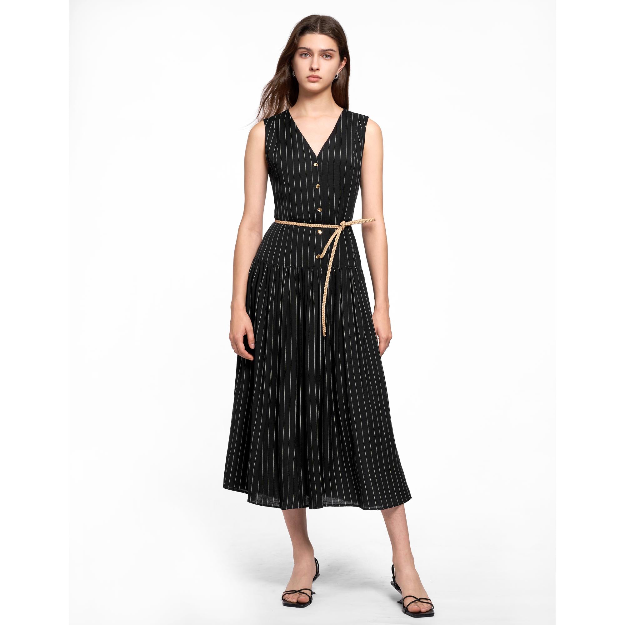 Linen-blend Stripe Sleeveless Dress - Black