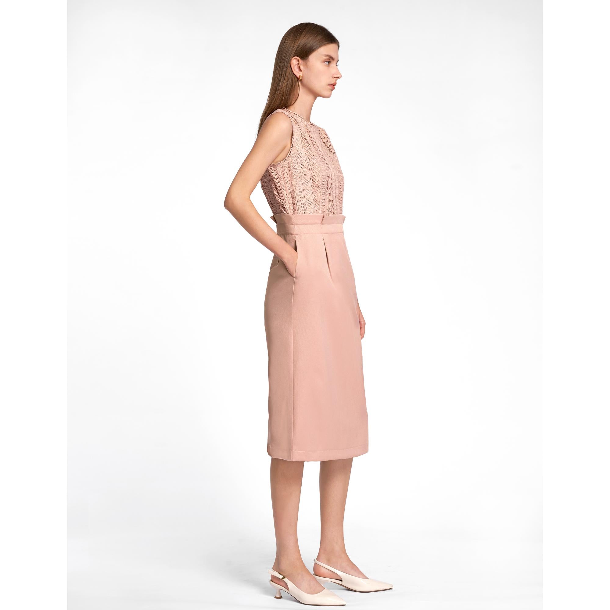 Lace Bodice Sleeveless Midi Dress - Pink