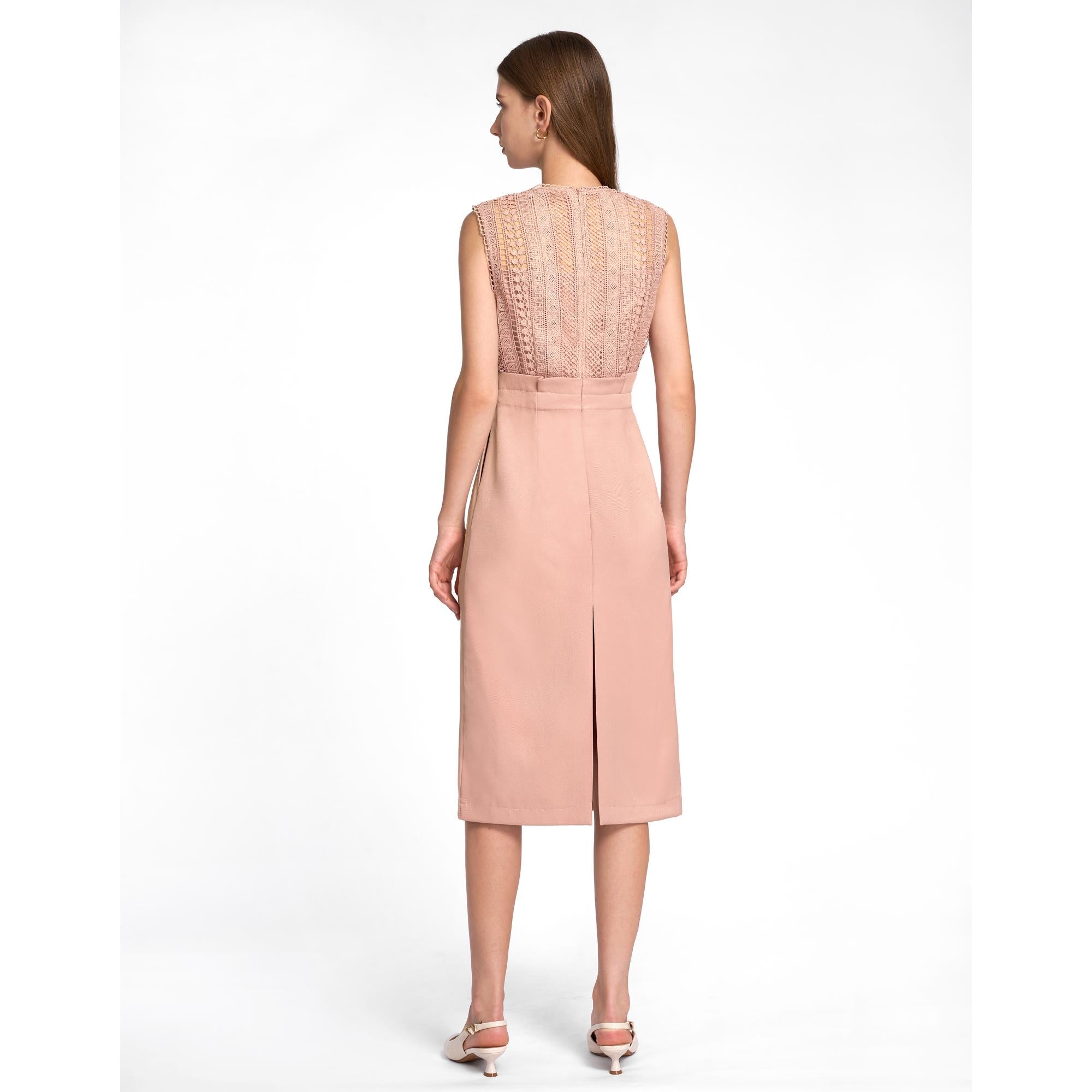 Lace Bodice Sleeveless Midi Dress - Pink