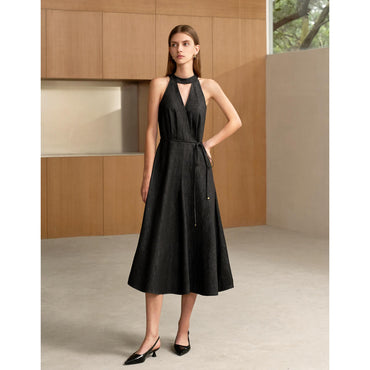 Halter Neck Cutout Front Denim Dress - Black