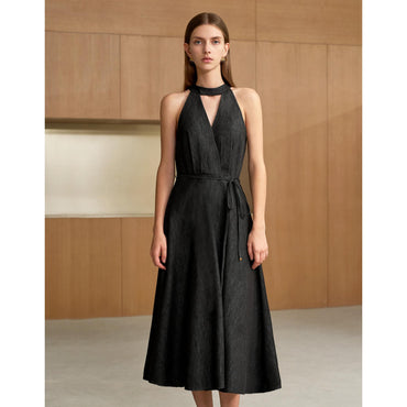 Halter Neck Cutout Front Denim Dress - Black