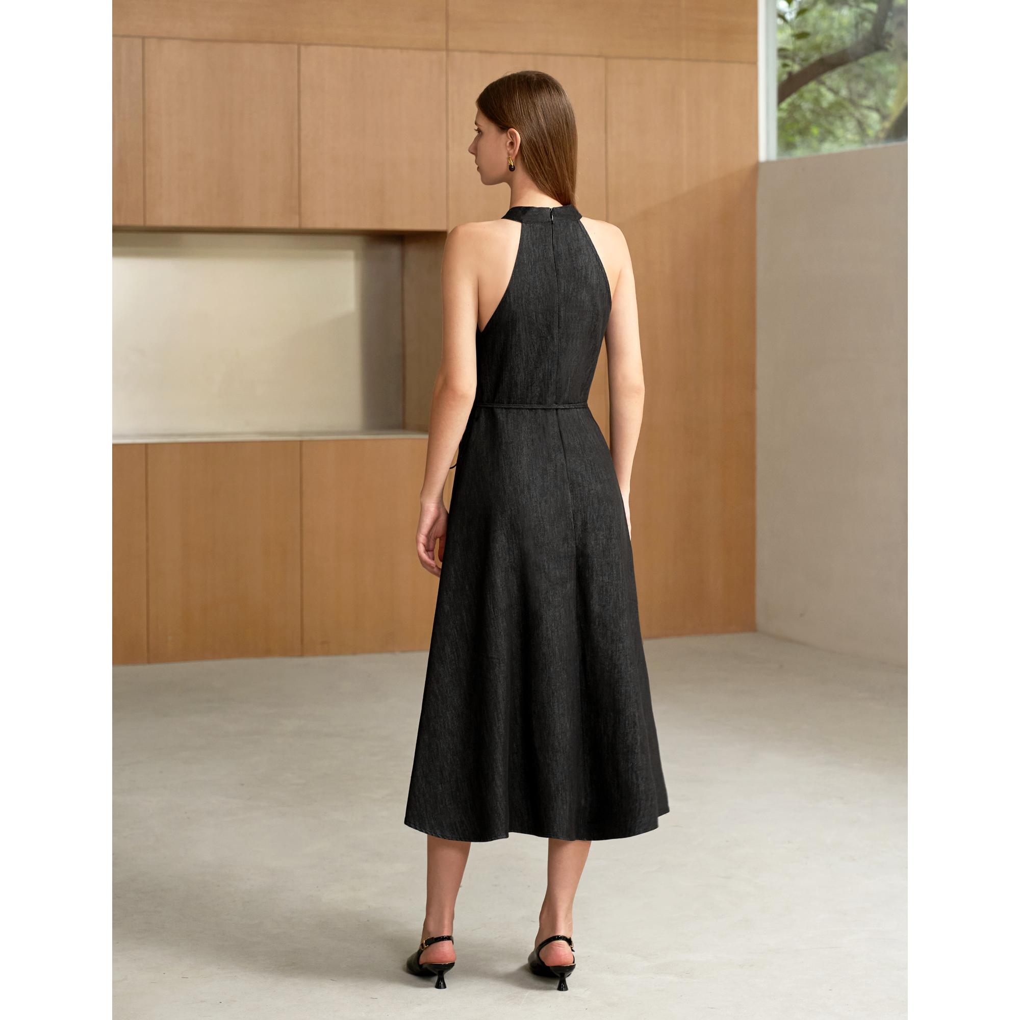 Halter Neck Cutout Front Denim Dress - Black
