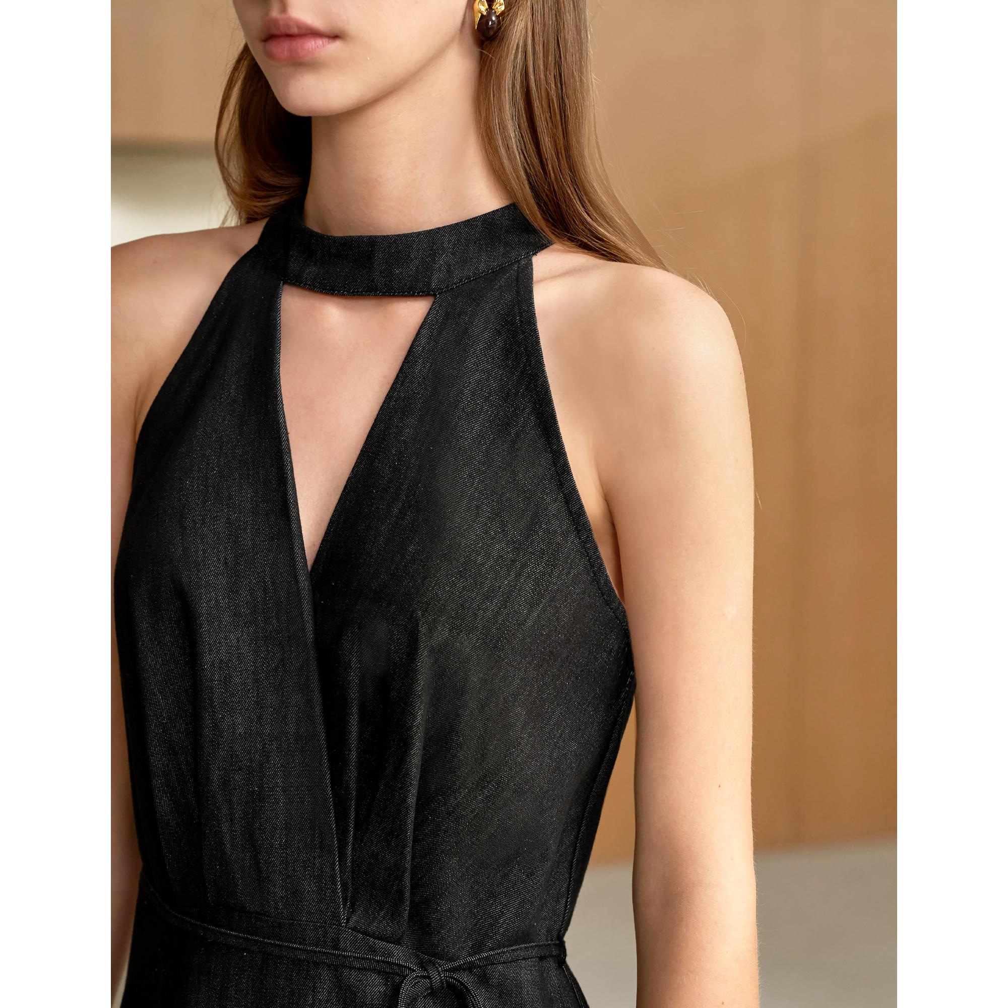 Halter Neck Cutout Front Denim Dress - Black