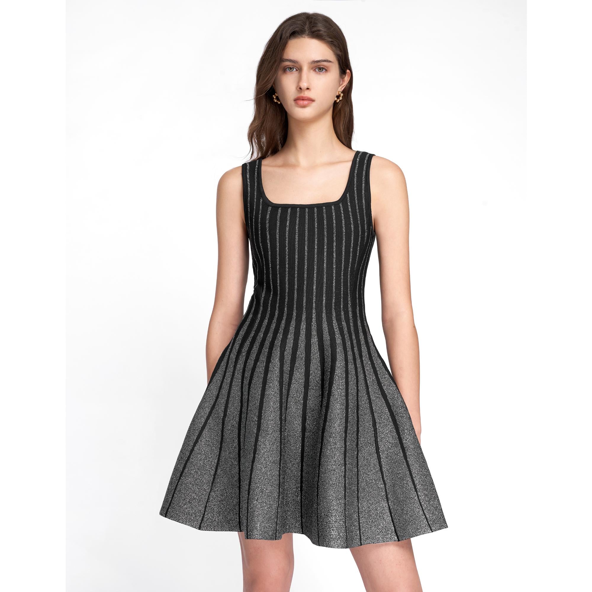 Square Neck Knit Short Dress - Black