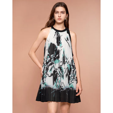 Halter Neck Pleated Floral Print Dress - Floral Print