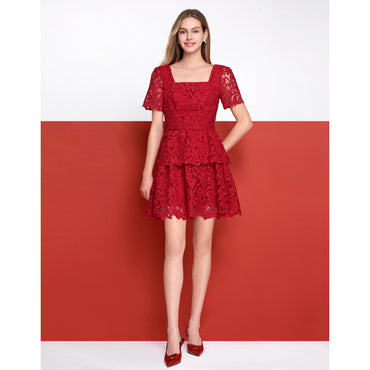 Square Neck Layered Skirt Lace Dress - Red