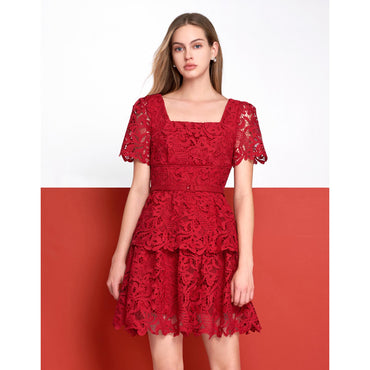 Square Neck Layered Skirt Lace Dress - Red