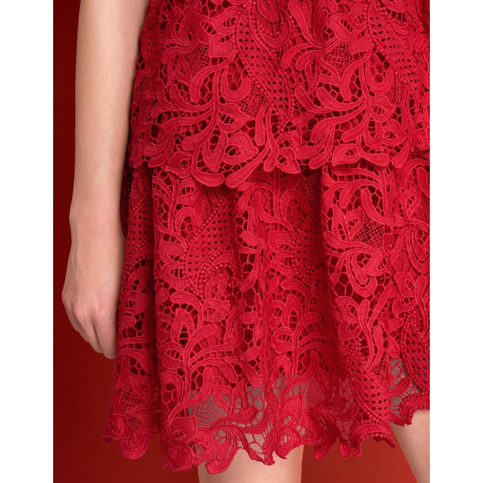 Square Neck Layered Skirt Lace Dress - Red