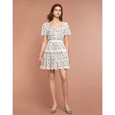 Square Neck Layered Skirt Lace Dress - White
