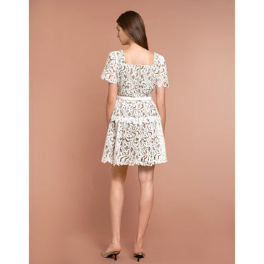 Square Neck Layered Skirt Lace Dress - White