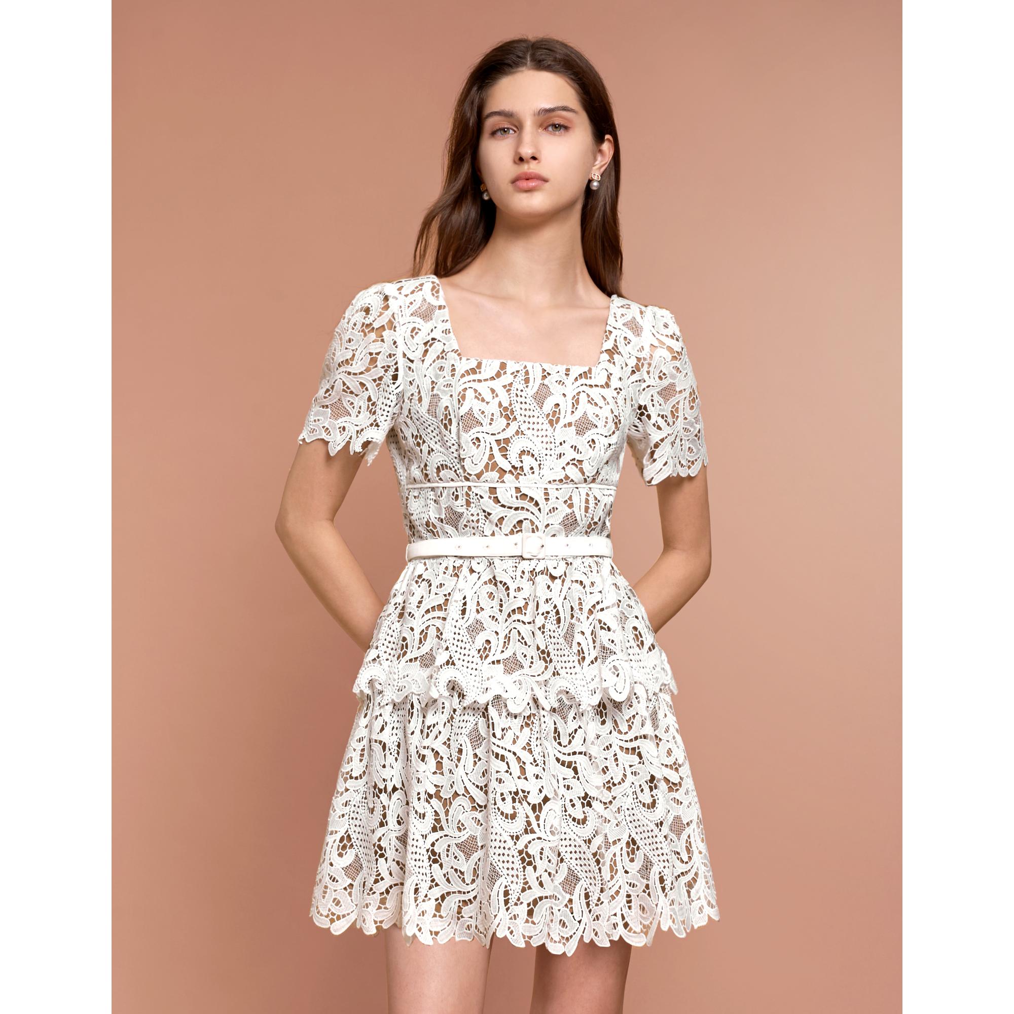 Square Neck Layered Skirt Lace Dress - White