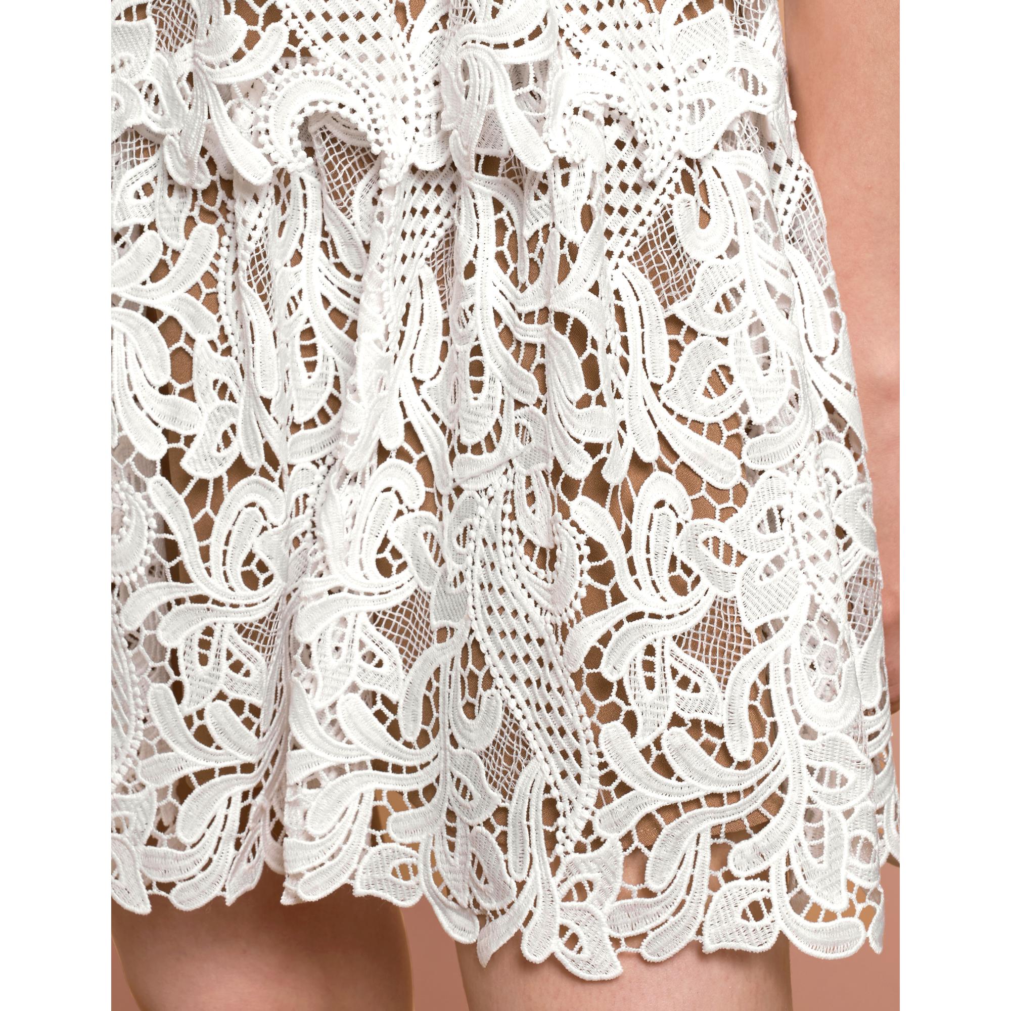 Square Neck Layered Skirt Lace Dress - White
