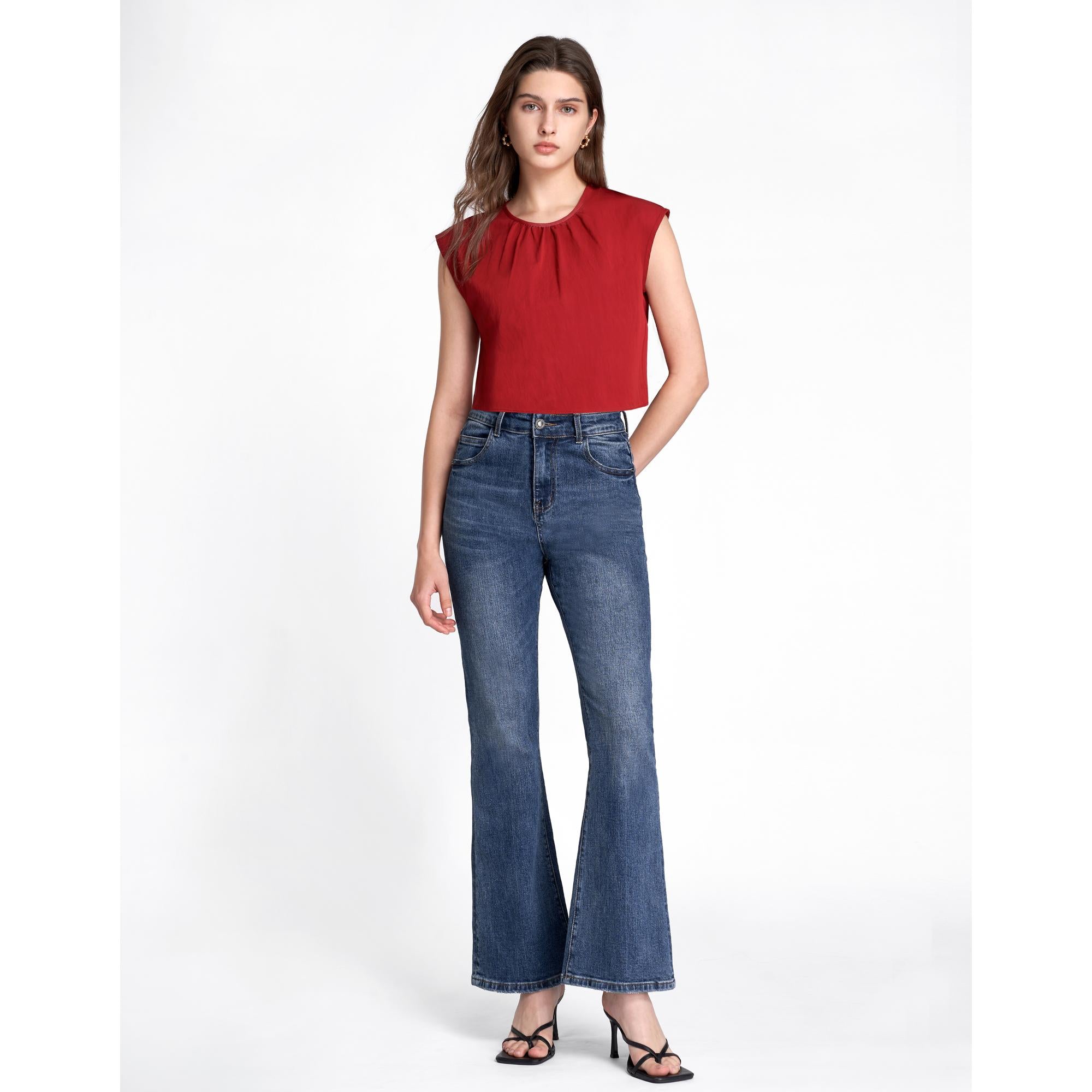 Gathered Neck Cropped Top - Red