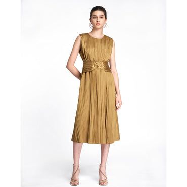Pleated Satin Midi Dress - Olive