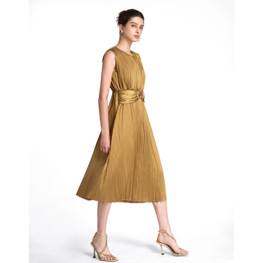 Pleated Satin Midi Dress - Olive