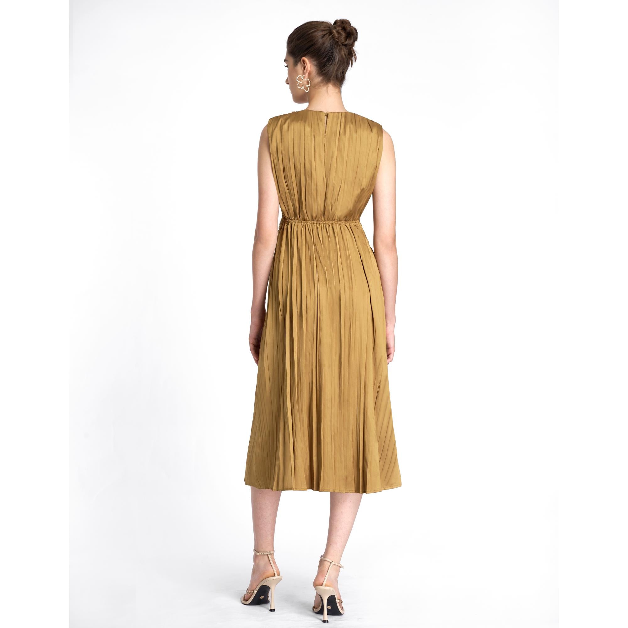 Pleated Satin Midi Dress - Olive
