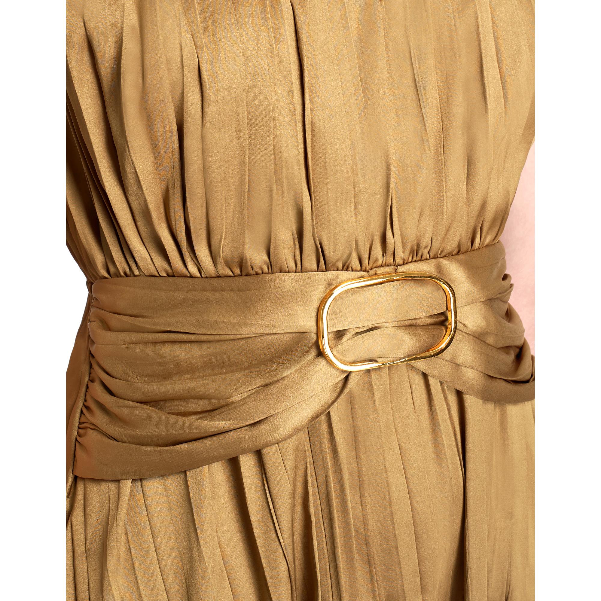 Pleated Satin Midi Dress - Olive