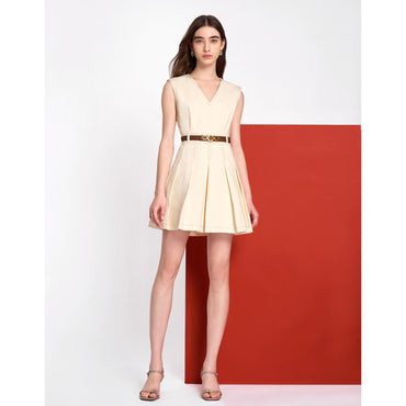 Contrast Topstitch Pleated Denim Dress - Apricot