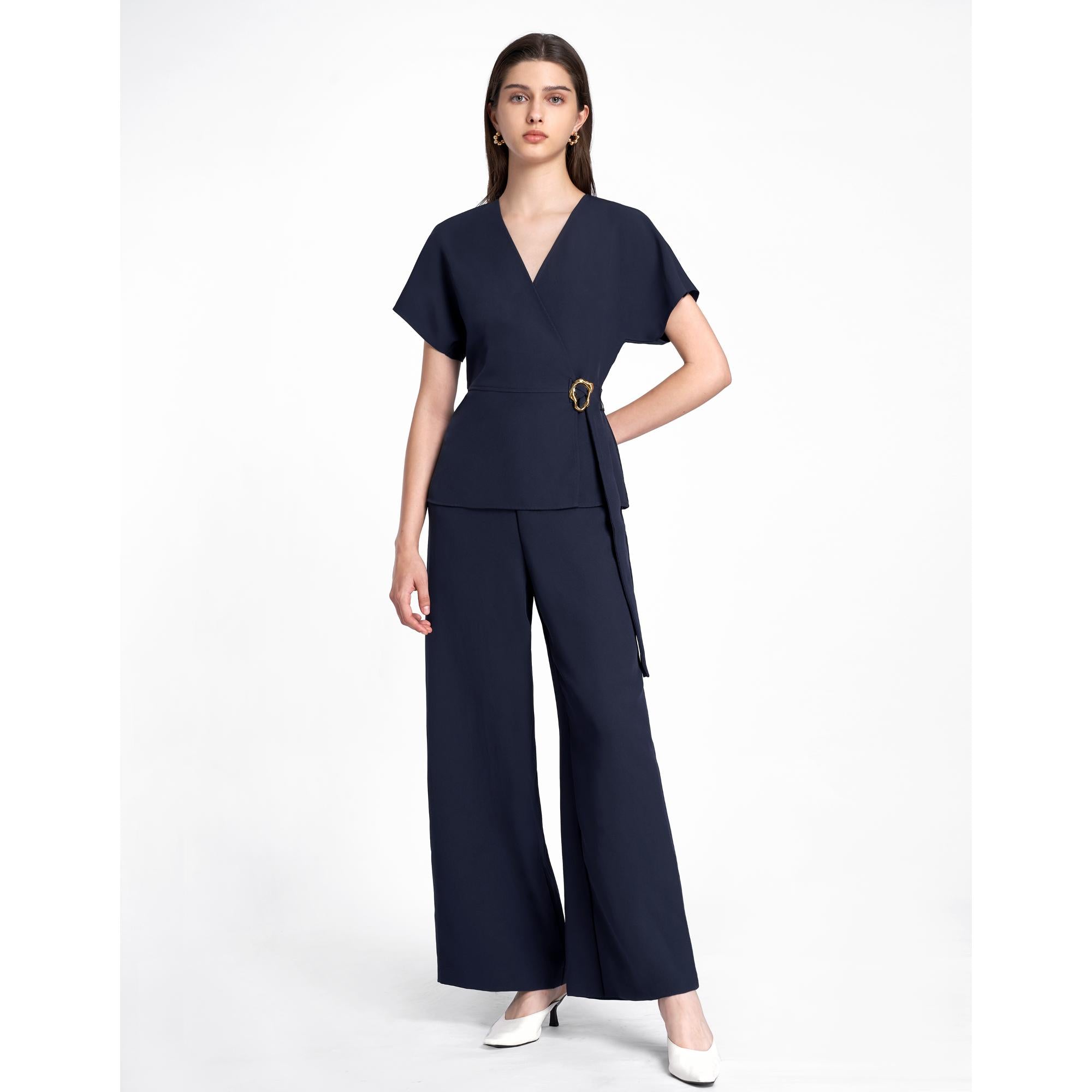 Faux Two-piece Waist Buckle Jumpsuit - Navy
