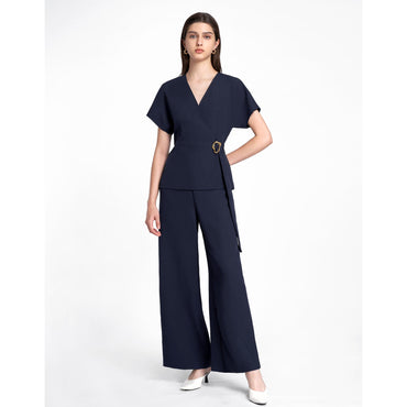 Faux Two-piece Waist Buckle Jumpsuit - Navy