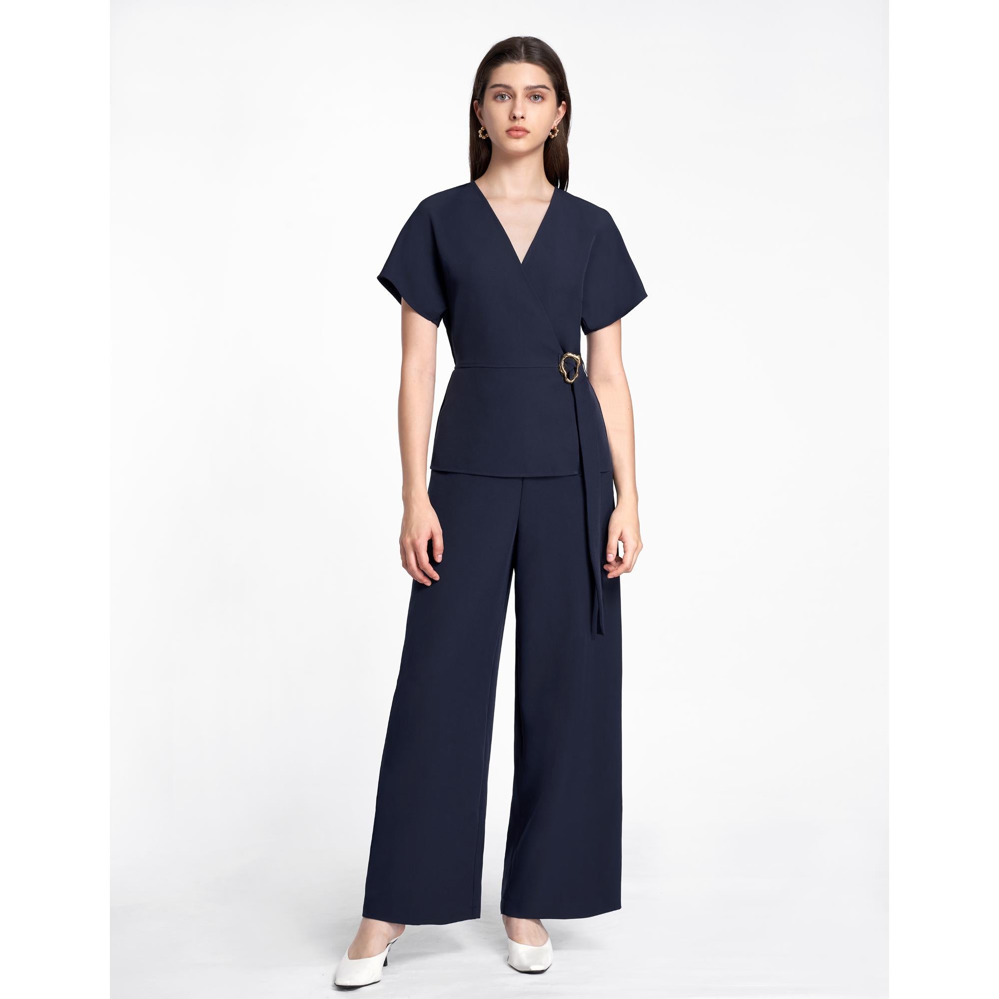 Faux Two-piece Waist Buckle Jumpsuit - Navy