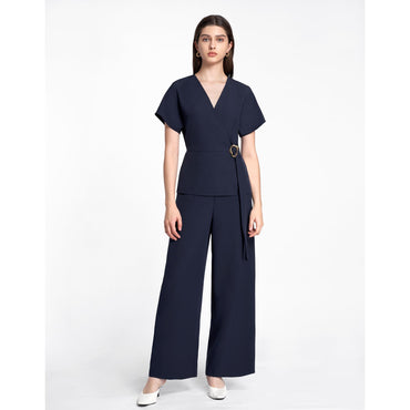 Faux Two-piece Waist Buckle Jumpsuit - Navy