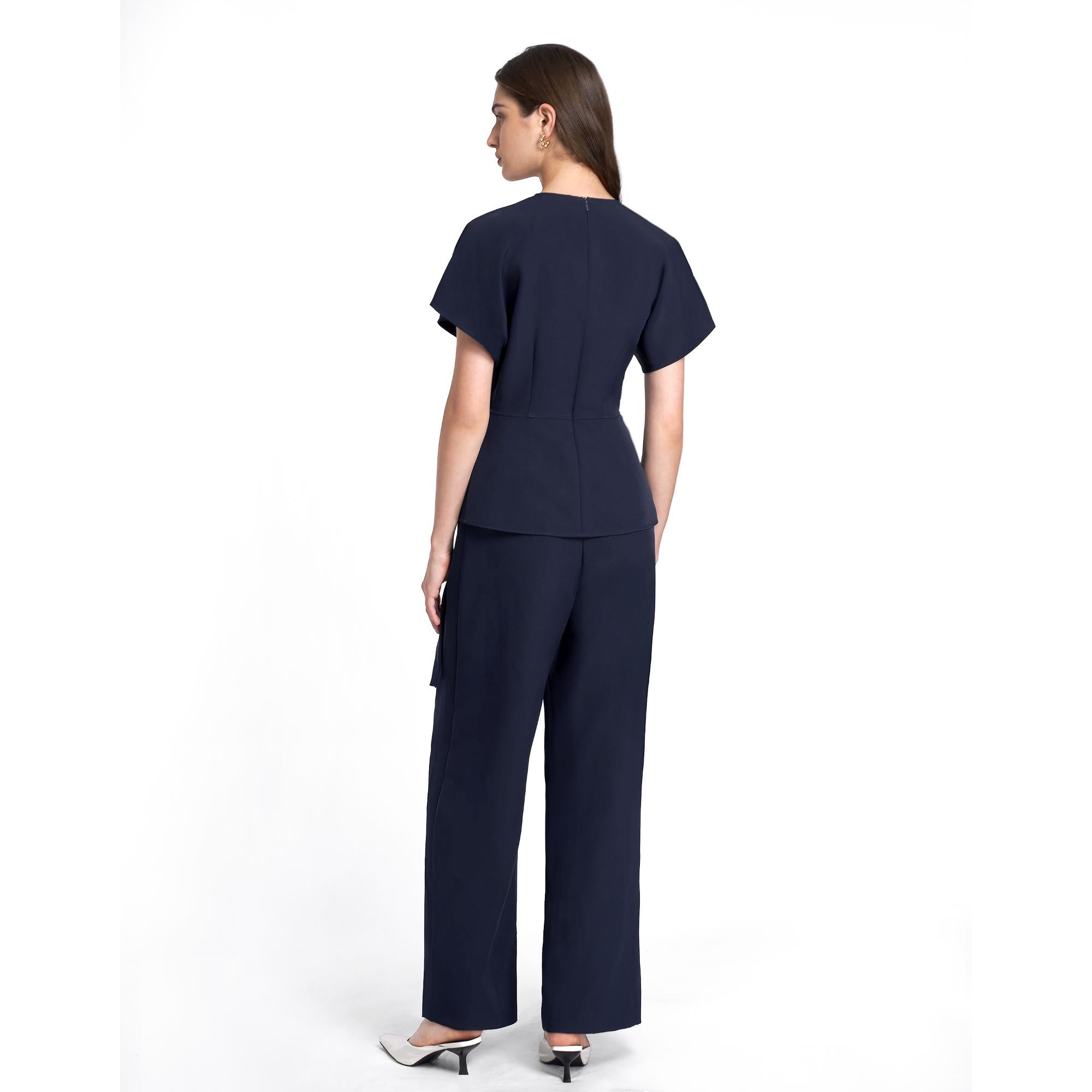 Faux Two-piece Waist Buckle Jumpsuit - Navy