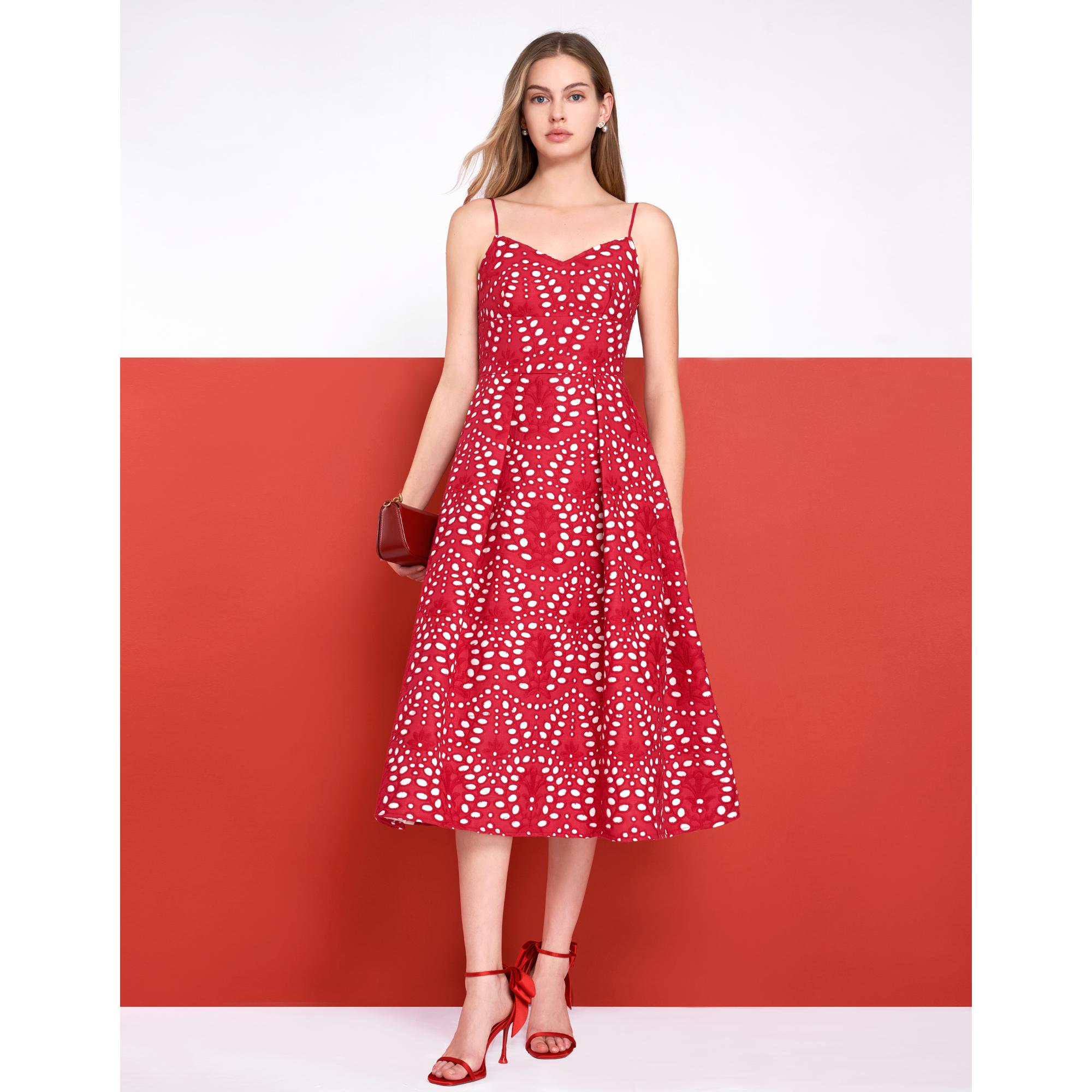 Cutwork Embroidery Midi Strap Dress  - Red