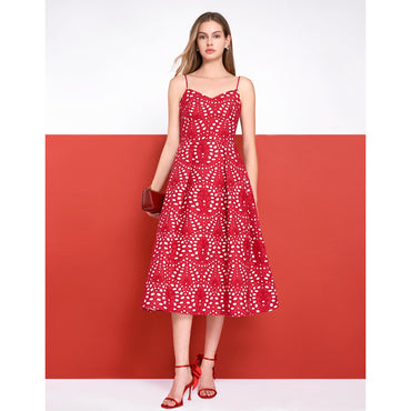 Cutwork Embroidery Midi Strap Dress- Red