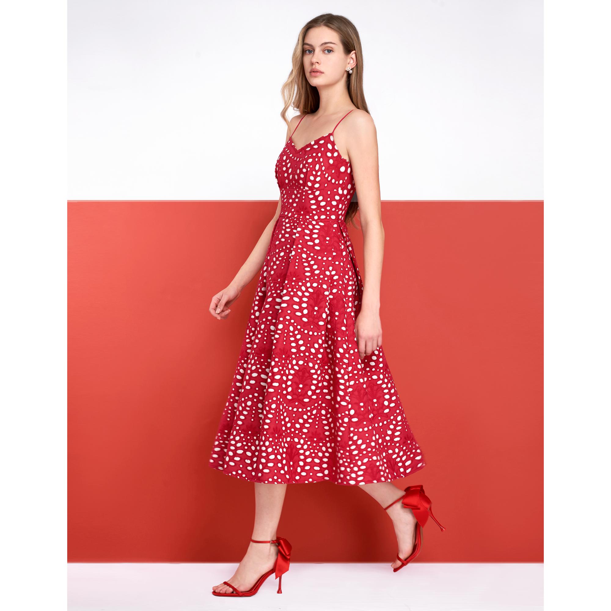 Cutwork Embroidery Midi Strap Dress  - Red
