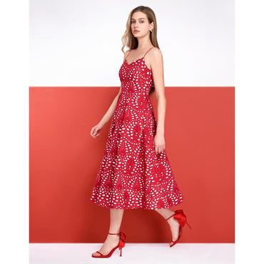Cutwork Embroidery Midi Strap Dress- Red