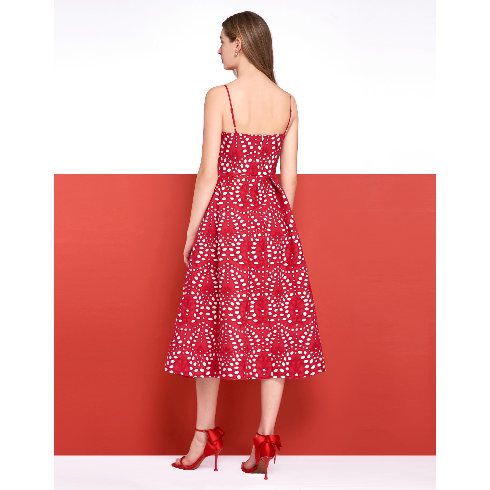 Cutwork Embroidery Midi Strap Dress  - Red