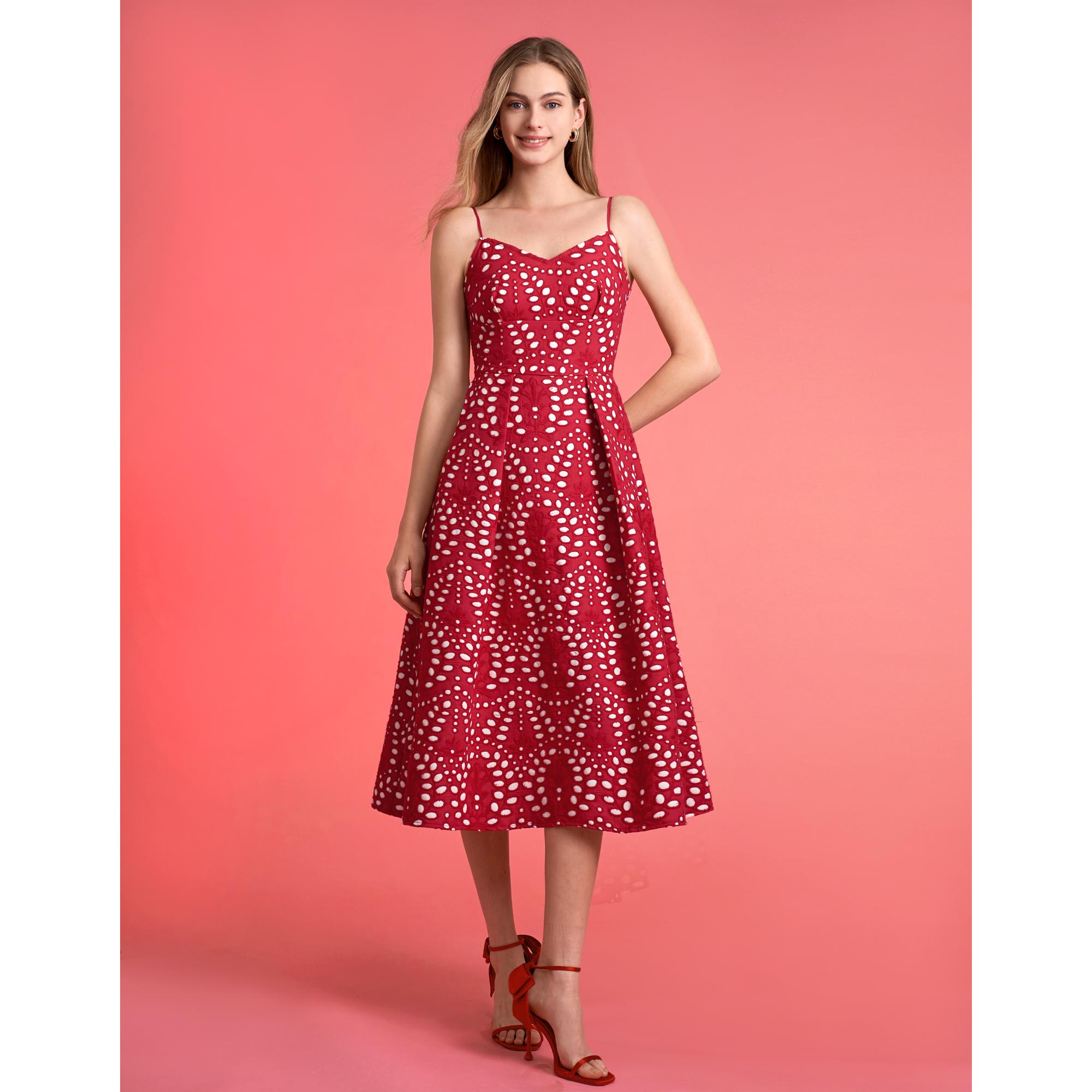 Cutwork Embroidery Midi Strap Dress  - Red