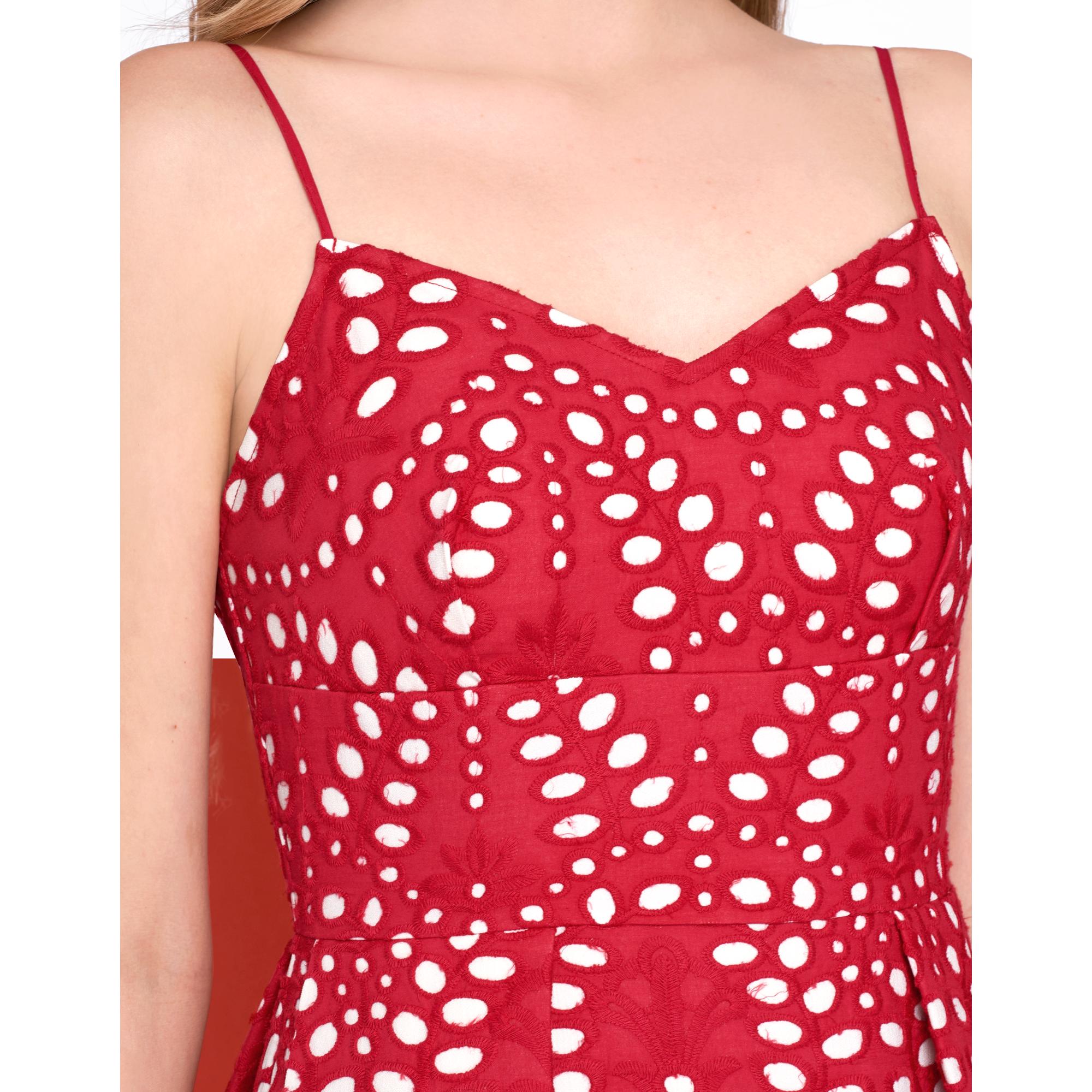 Cutwork Embroidery Midi Strap Dress  - Red