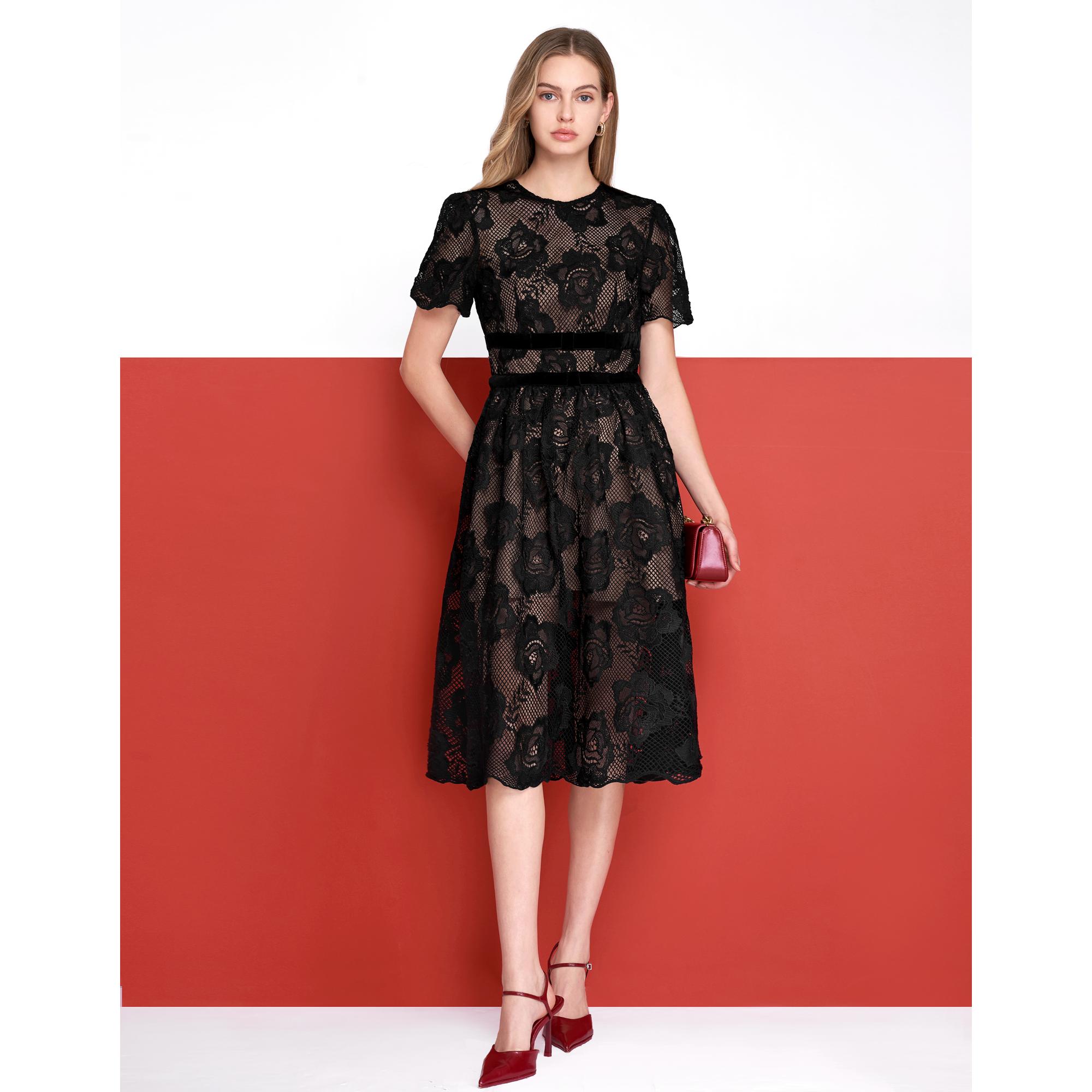 Velvet Waist Bow Short Sleeve Lace Dress - Black