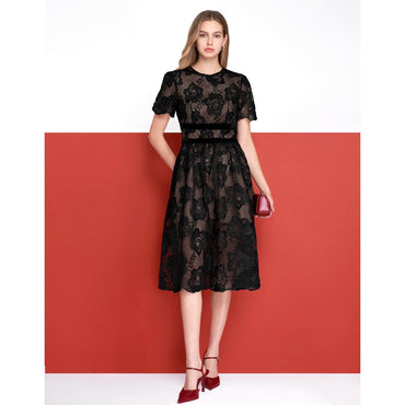Velvet Waist Bow Short Sleeve Lace Dress - Black