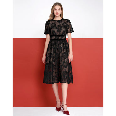 Velvet Waist Bow Short Sleeve Lace Dress - Black