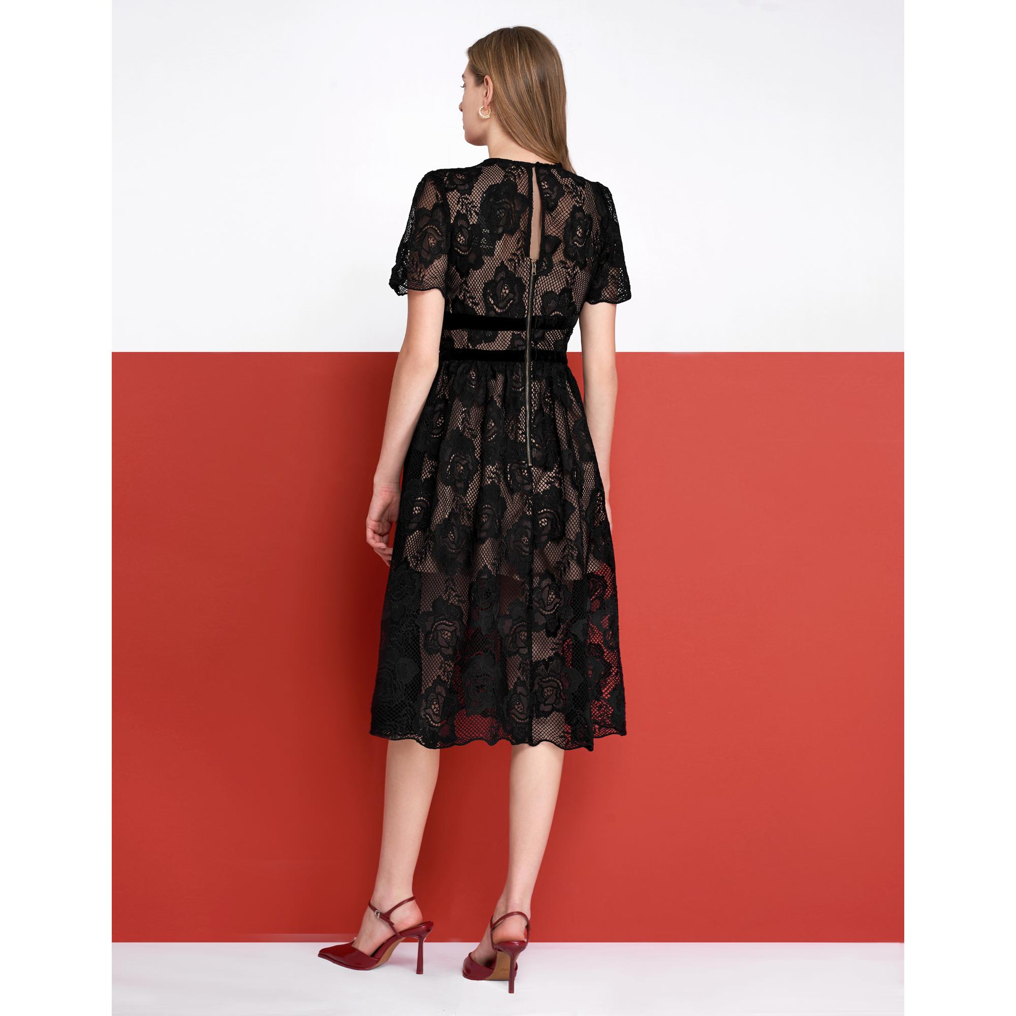 Velvet Waist Bow Short Sleeve Lace Dress - Black