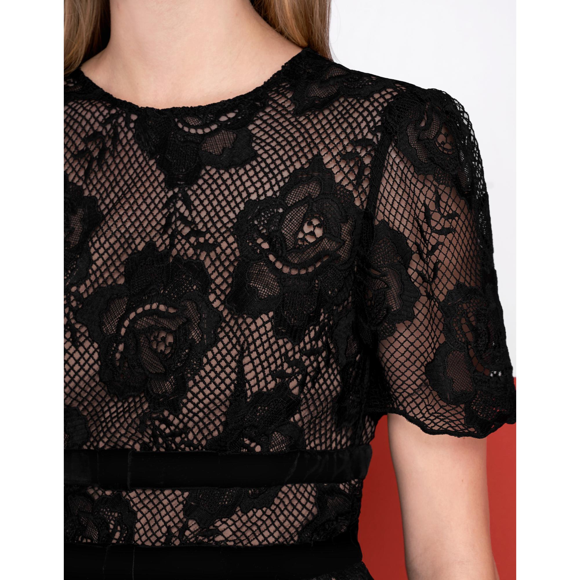 Velvet Waist Bow Short Sleeve Lace Dress - Black
