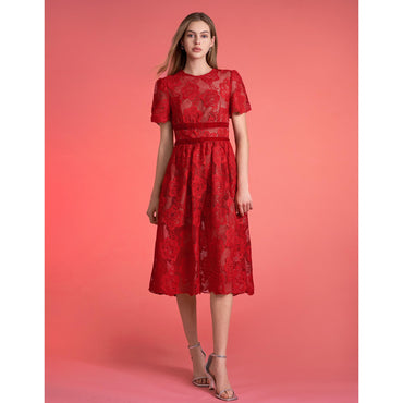 Velvet Waist Bow Short Sleeve Lace Dress - Red