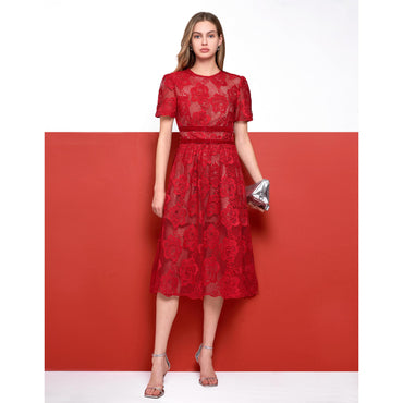 Velvet Waist Bow Short Sleeve Lace Dress - Red