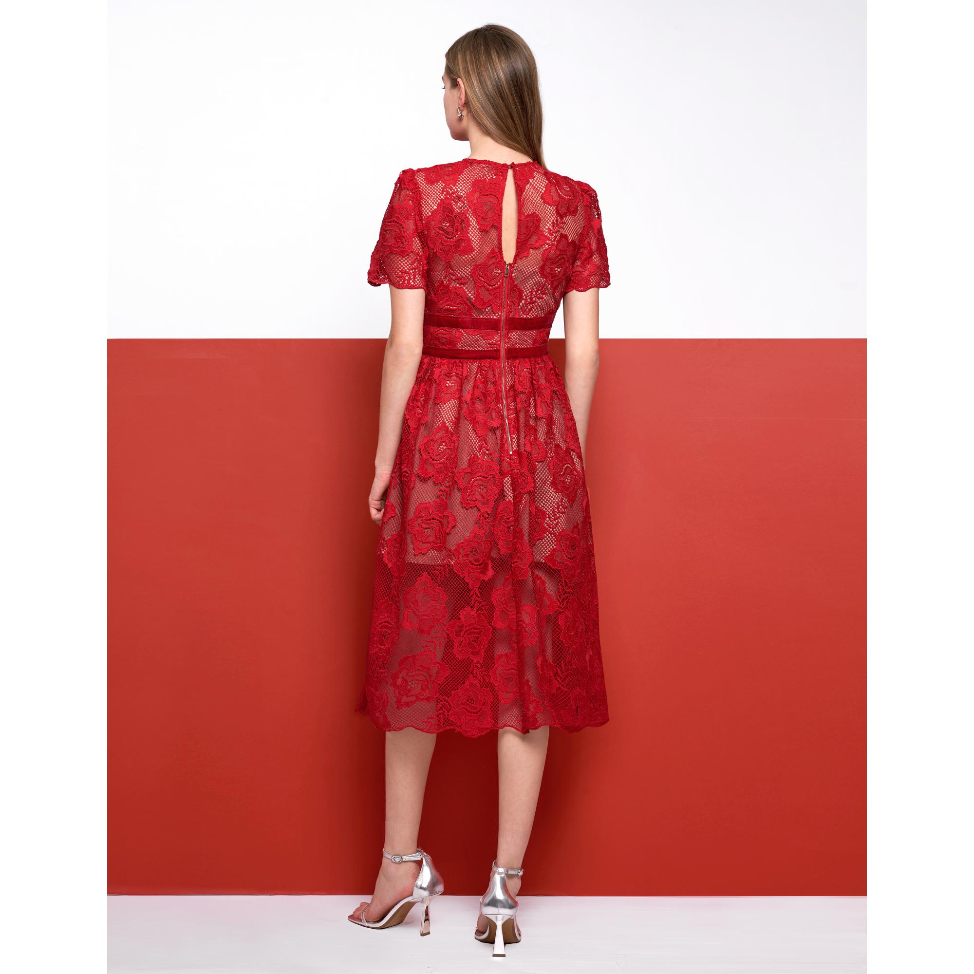 Velvet Waist Bow Short Sleeve Lace Dress - Red