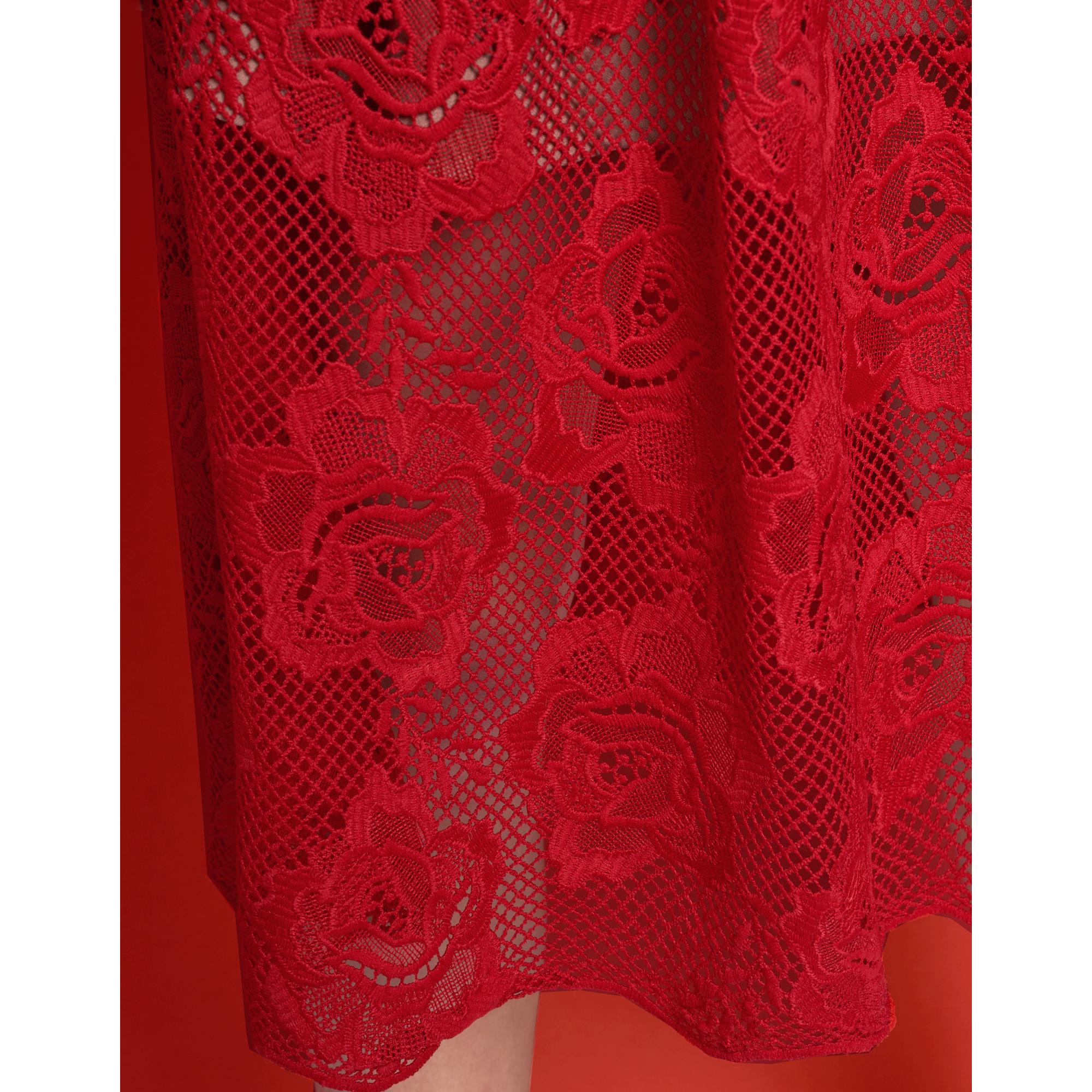 Velvet Waist Bow Short Sleeve Lace Dress - Red
