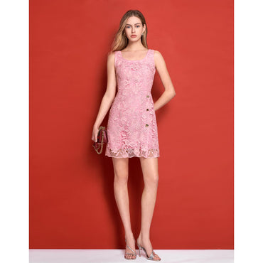 U-neck Button Detail Lace Dress - Pink