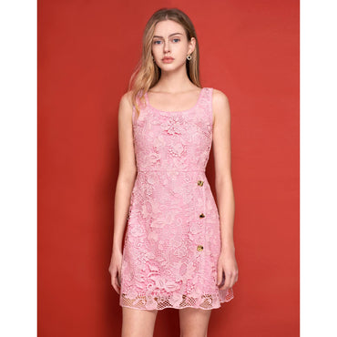 U-neck Button Detail Lace Dress - Pink