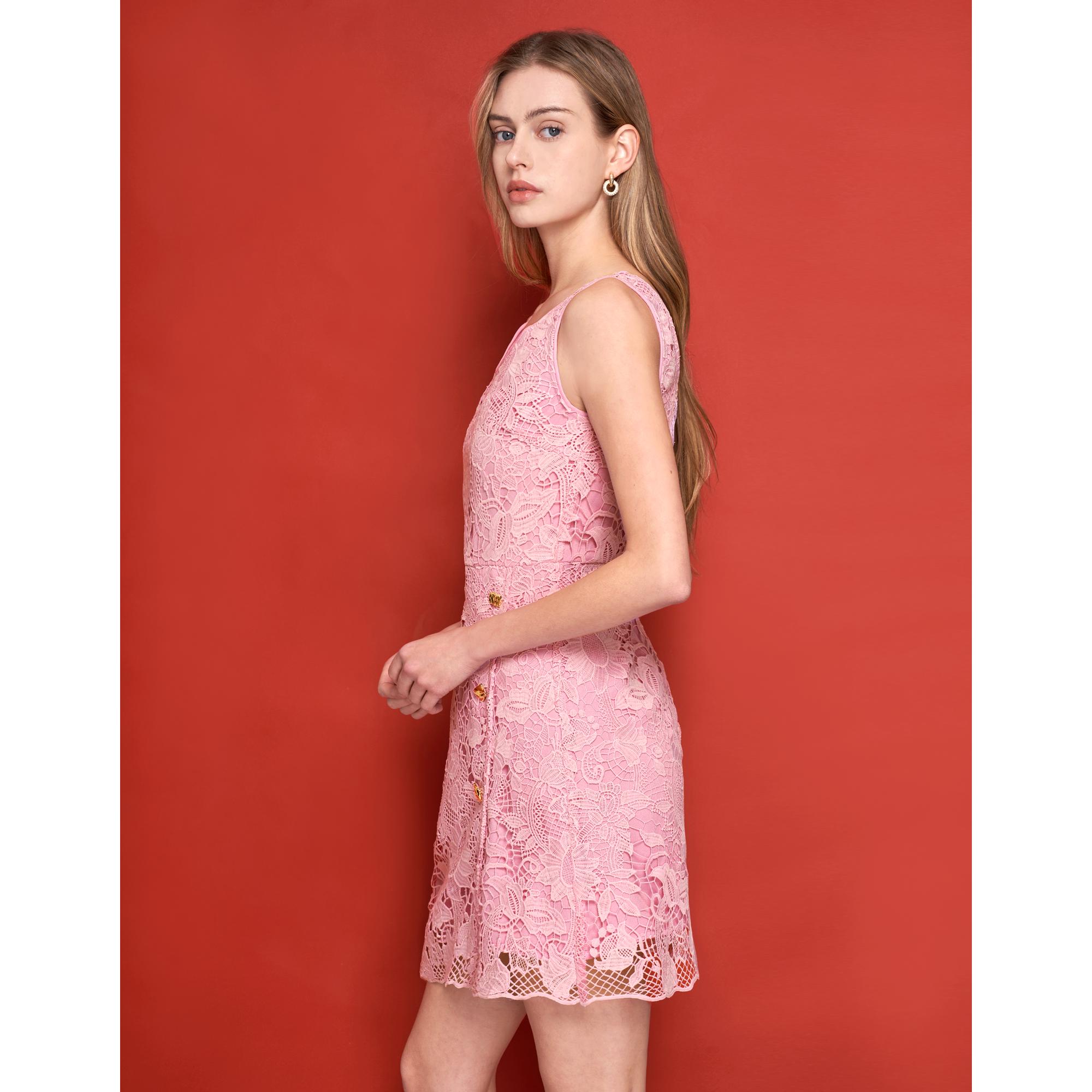 U-neck Button Detail Lace Dress - Pink